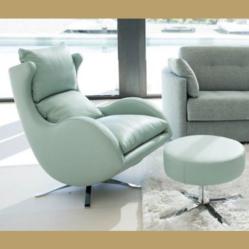 LENNY (Fama) Fauteuil relax Cuir Celadon avec Pouf Basculant Pivotant